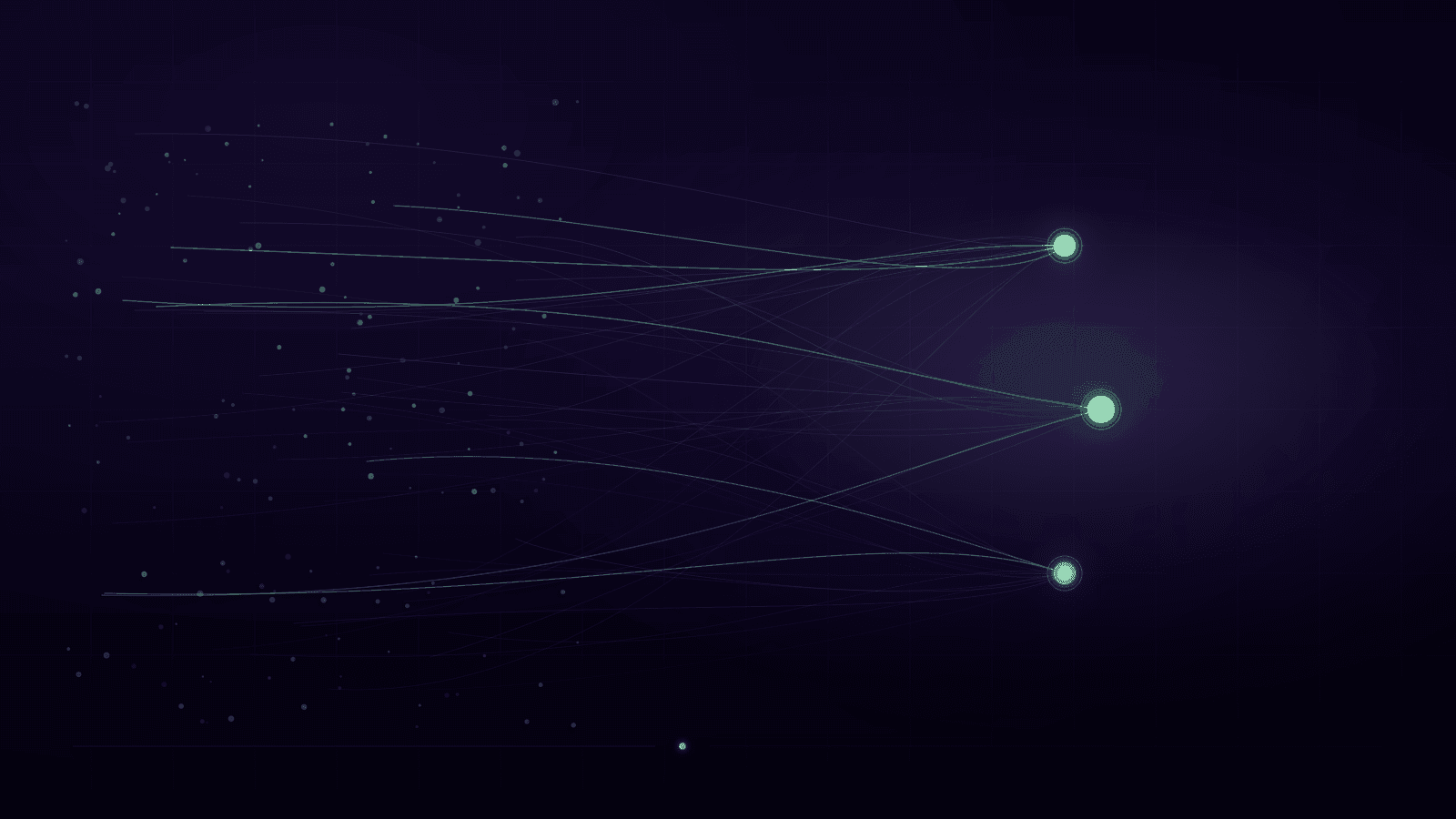 Thousands of faint alert signals on the left converging along mint flow lines into a few bright investigation nodes on the right.