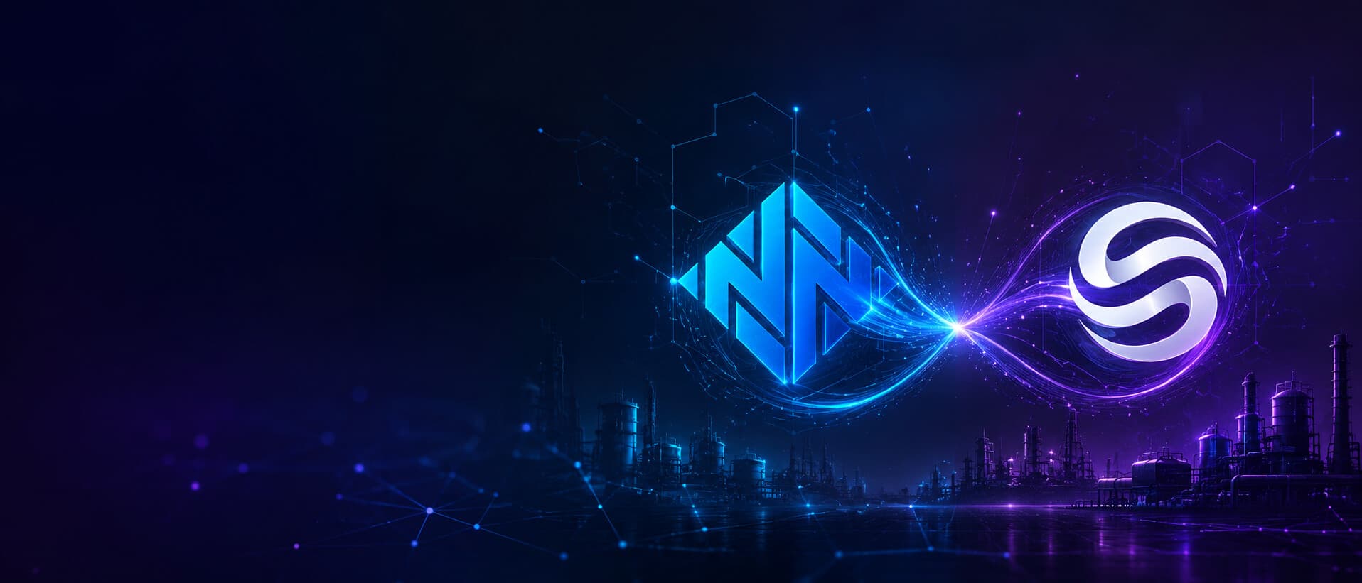 The Nozomi Networks and Soterics logos linked by a flowing light over an industrial plant skyline.